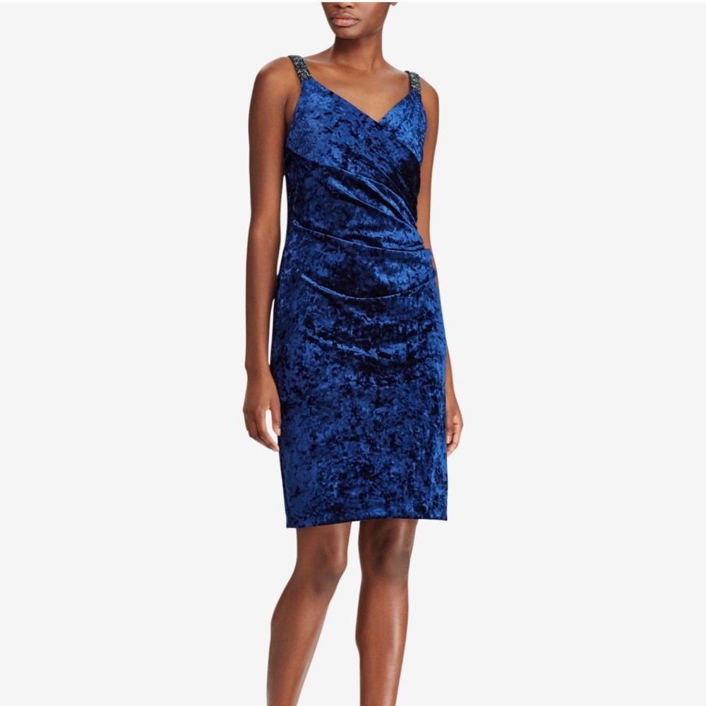 RALPH LAUREN royal blue velvet sequin strap cocktail/evening dress sz 16 NWT